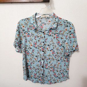 Sweet Aqua Blue and Floral Rewind Short Sleeve Blouse Large